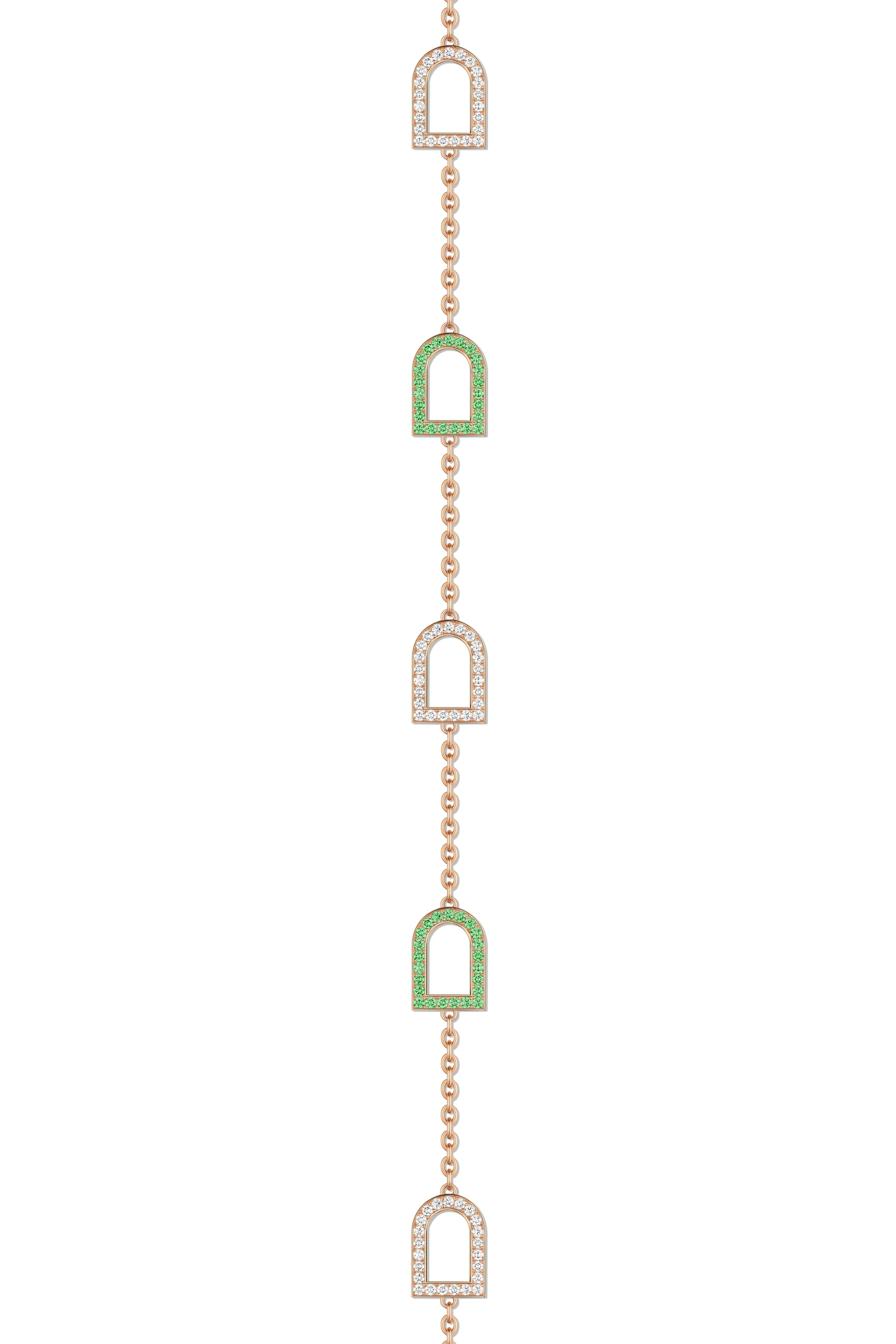 L'Arc Voyage Sautoir, 18k Rose Gold with 18 MM Arch Motifs Alternating Galerie Diamonds and Tsavorites