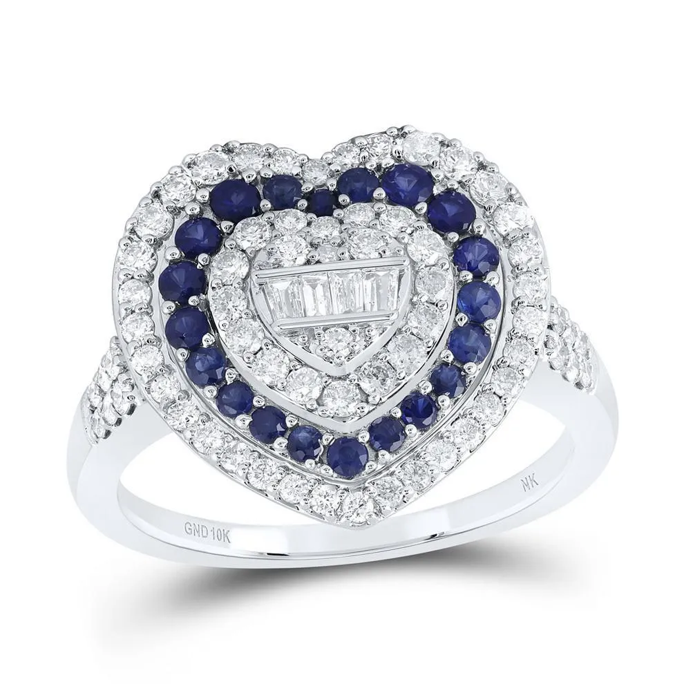 Natural Blue Sapphire & Baguette Diamond Heart Womens Ring Band 10k White Gold