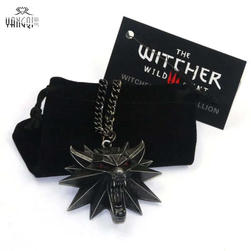 On Line Game The Witcher 3 Necklaces Wild Hunt Medallion Pendant and Chain Necklace for Men 1 Bag 1 Card Wolf Kolye