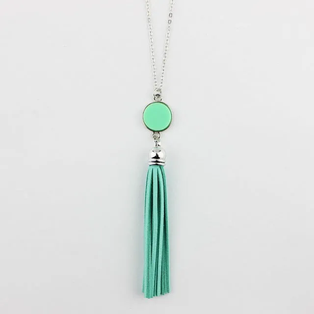 Personalized Initial Monogram Blanks Acrylic Disc Velvet Tassel Long Chain Pendant Necklaces for Custom Women Jewelry Mint Aqua