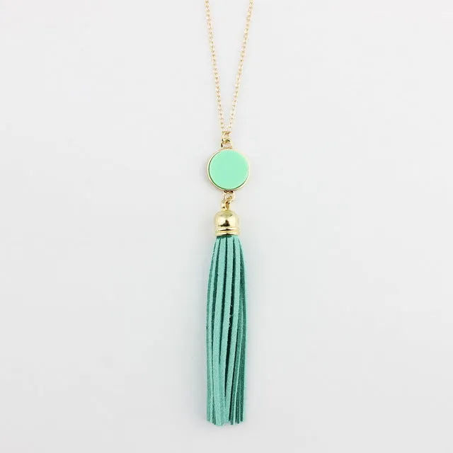 Personalized Initial Monogram Blanks Acrylic Disc Velvet Tassel Long Chain Pendant Necklaces for Custom Women Jewelry Mint Aqua