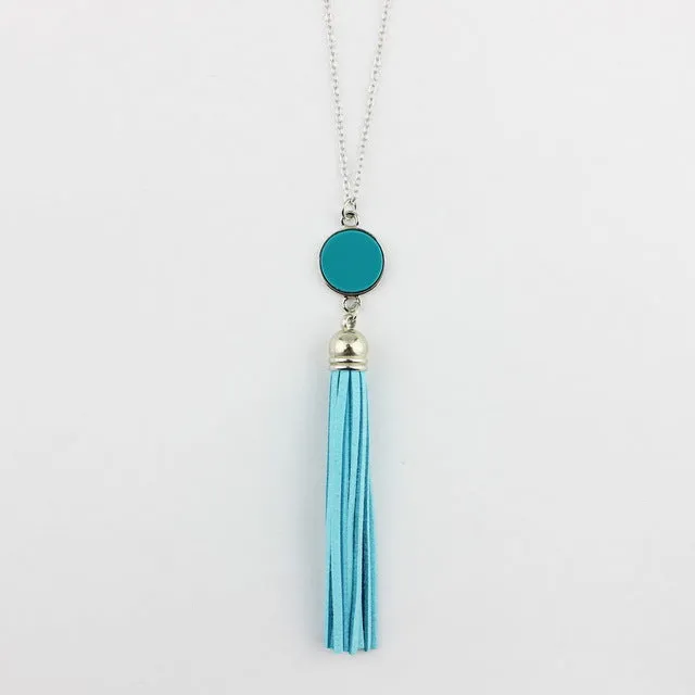 Personalized Initial Monogram Blanks Acrylic Disc Velvet Tassel Long Chain Pendant Necklaces for Custom Women Jewelry Mint Aqua