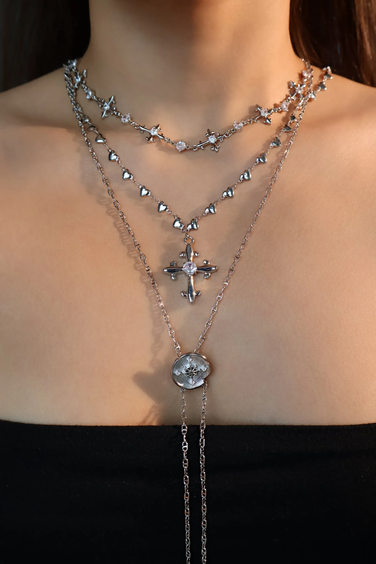 Platinum Plated Pole Star Clock Lariat Necklace