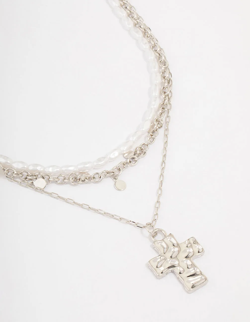 Rhodium Layered Pearl Cross Necklace