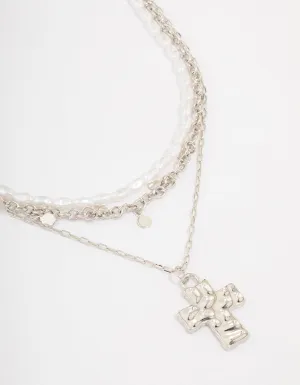 Rhodium Layered Pearl Cross Necklace