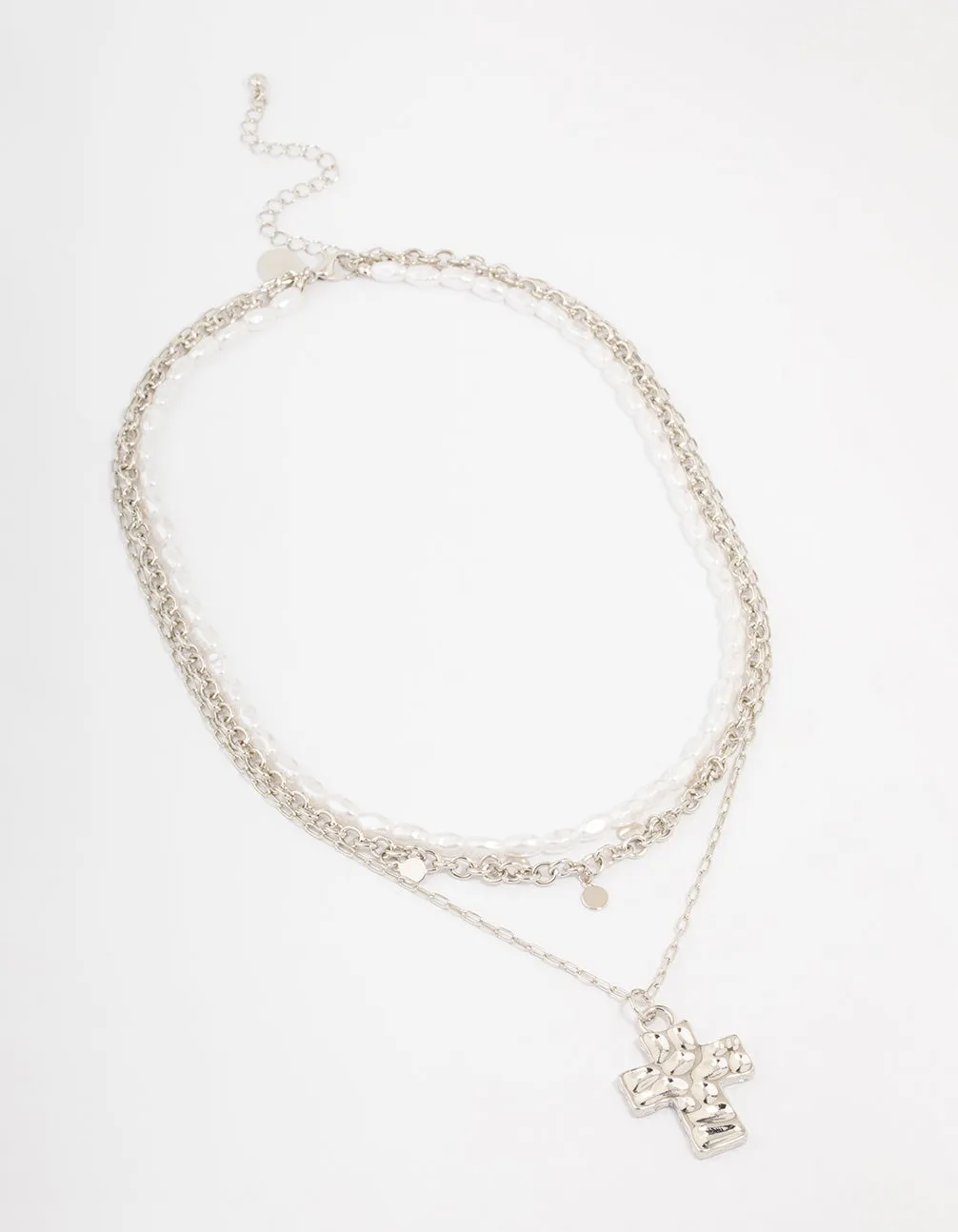 Rhodium Layered Pearl Cross Necklace