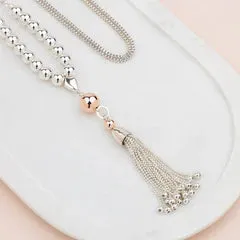 Silver & Rose Gold Bead & Tassel Necklace**