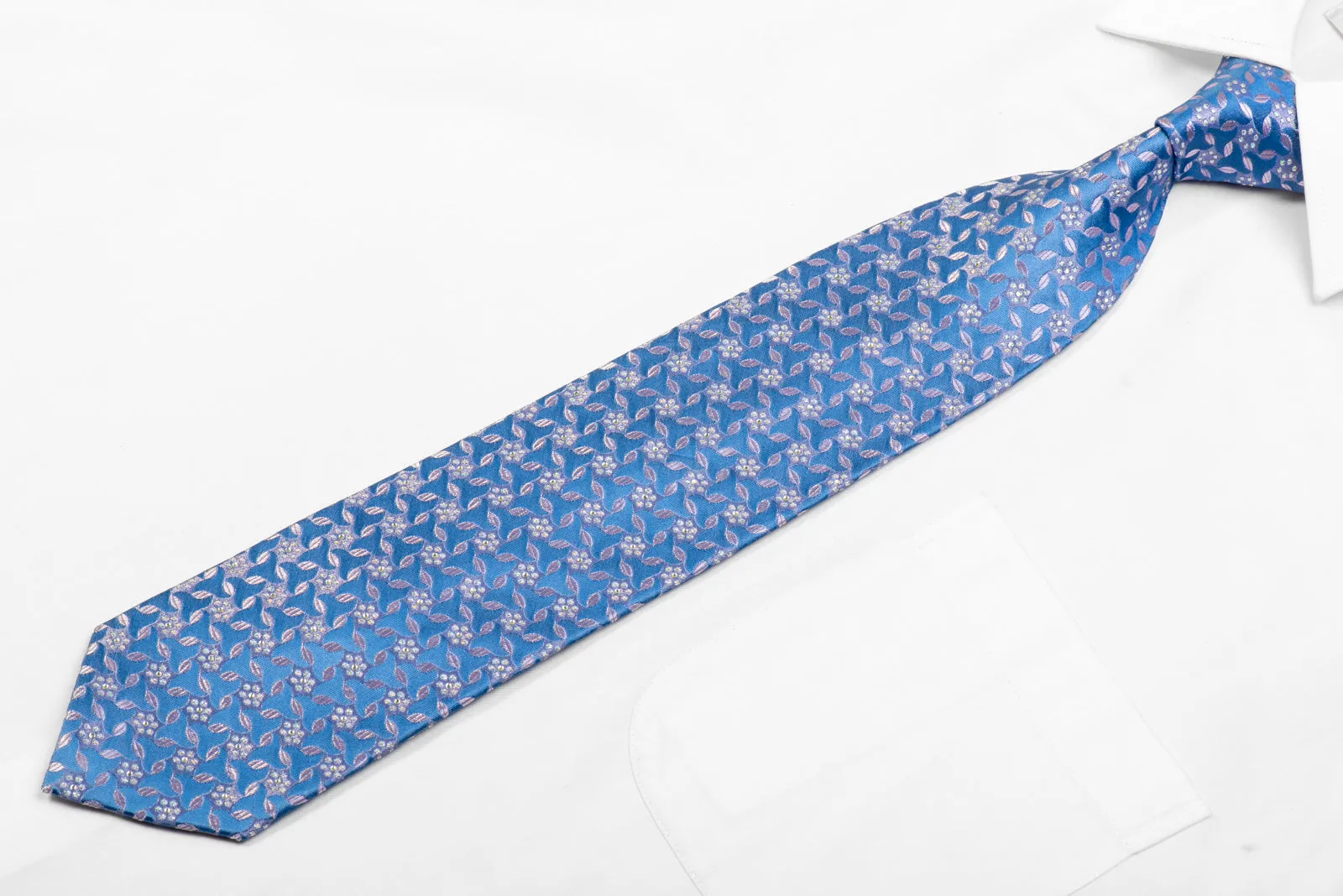 Silver Floral On Blue With Silver Sparkles Rhinestone Silk Necktie