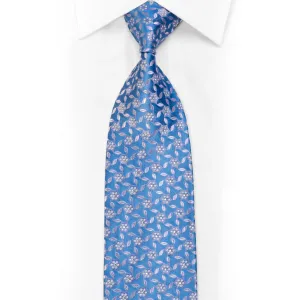 Silver Floral On Blue With Silver Sparkles Rhinestone Silk Necktie