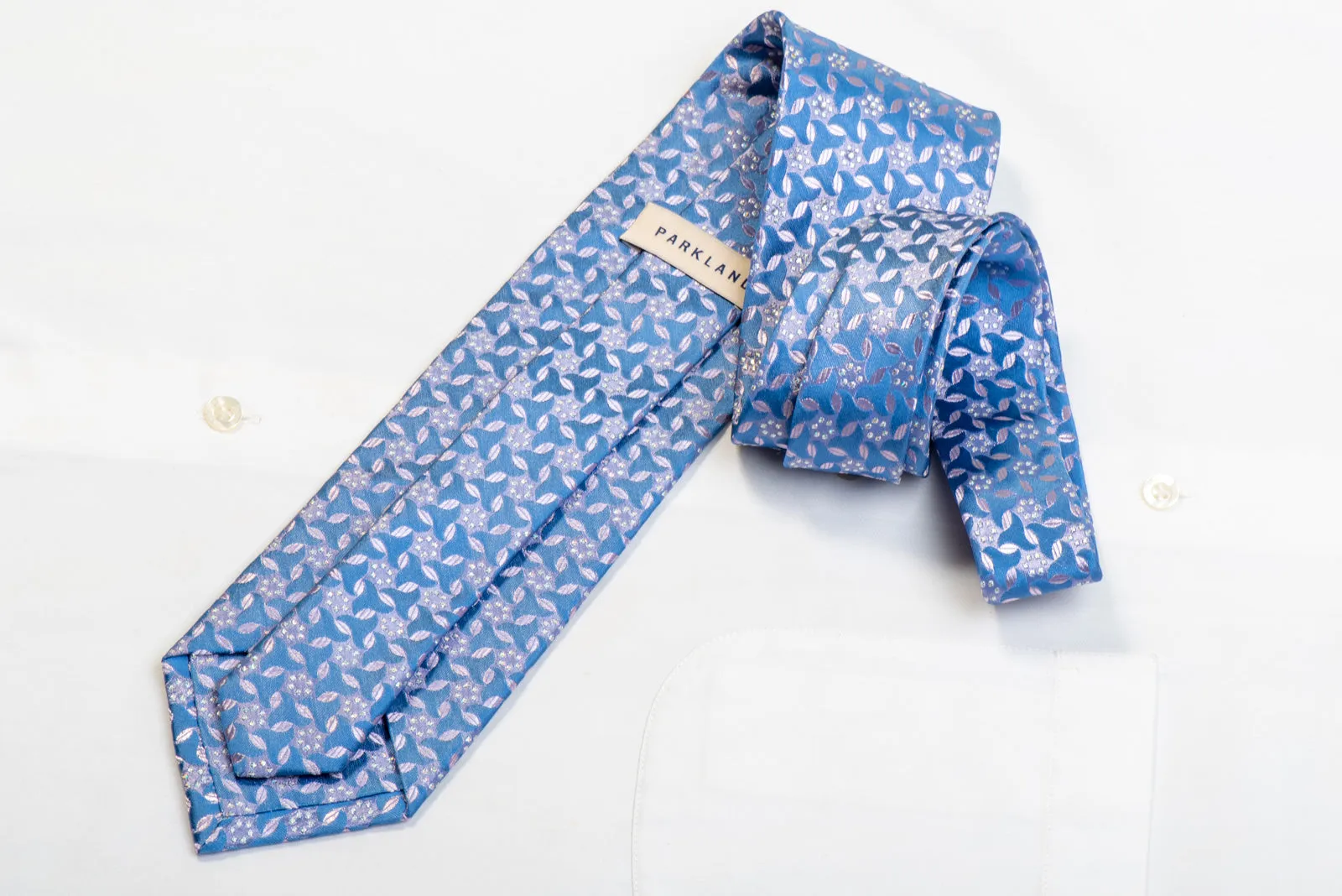 Silver Floral On Blue With Silver Sparkles Rhinestone Silk Necktie