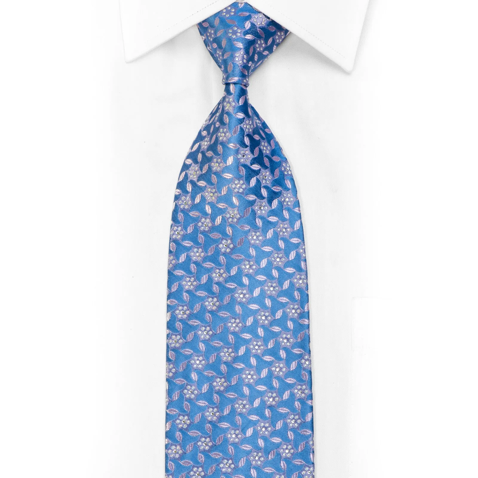 Silver Floral On Blue With Silver Sparkles Rhinestone Silk Necktie