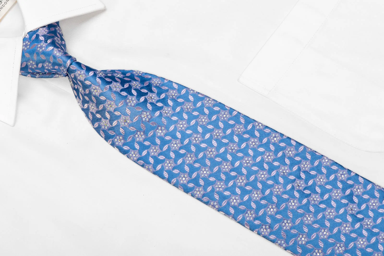 Silver Floral On Blue With Silver Sparkles Rhinestone Silk Necktie
