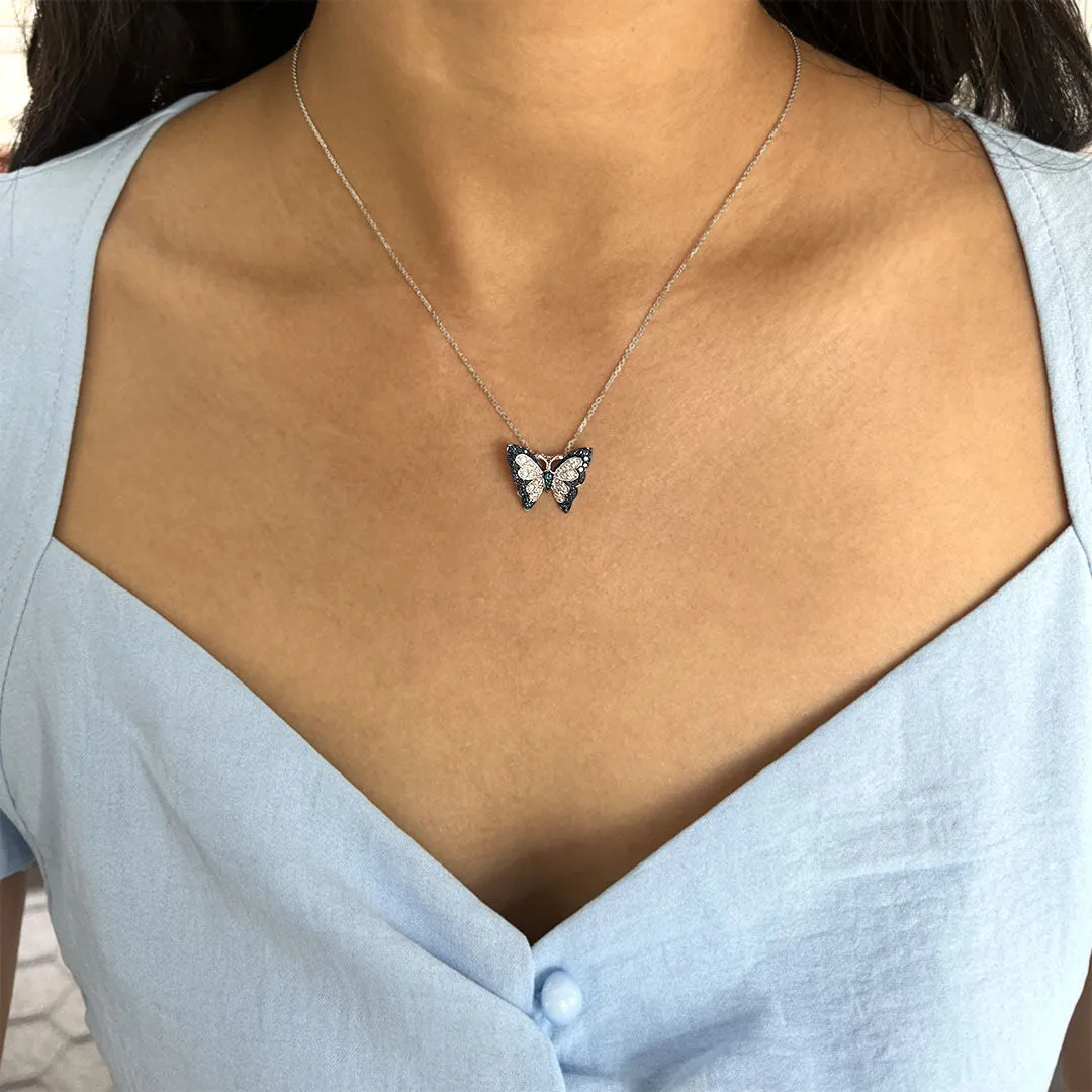 Silver Sky Blue Emperor Butterfly Diamond Necklace