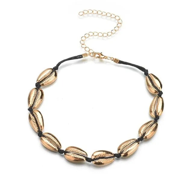 SMJEL New Fashion Black Rope Chain Natural Seashell Choker Necklace Collar Shell Choker Necklaces for Summer Beach Gift