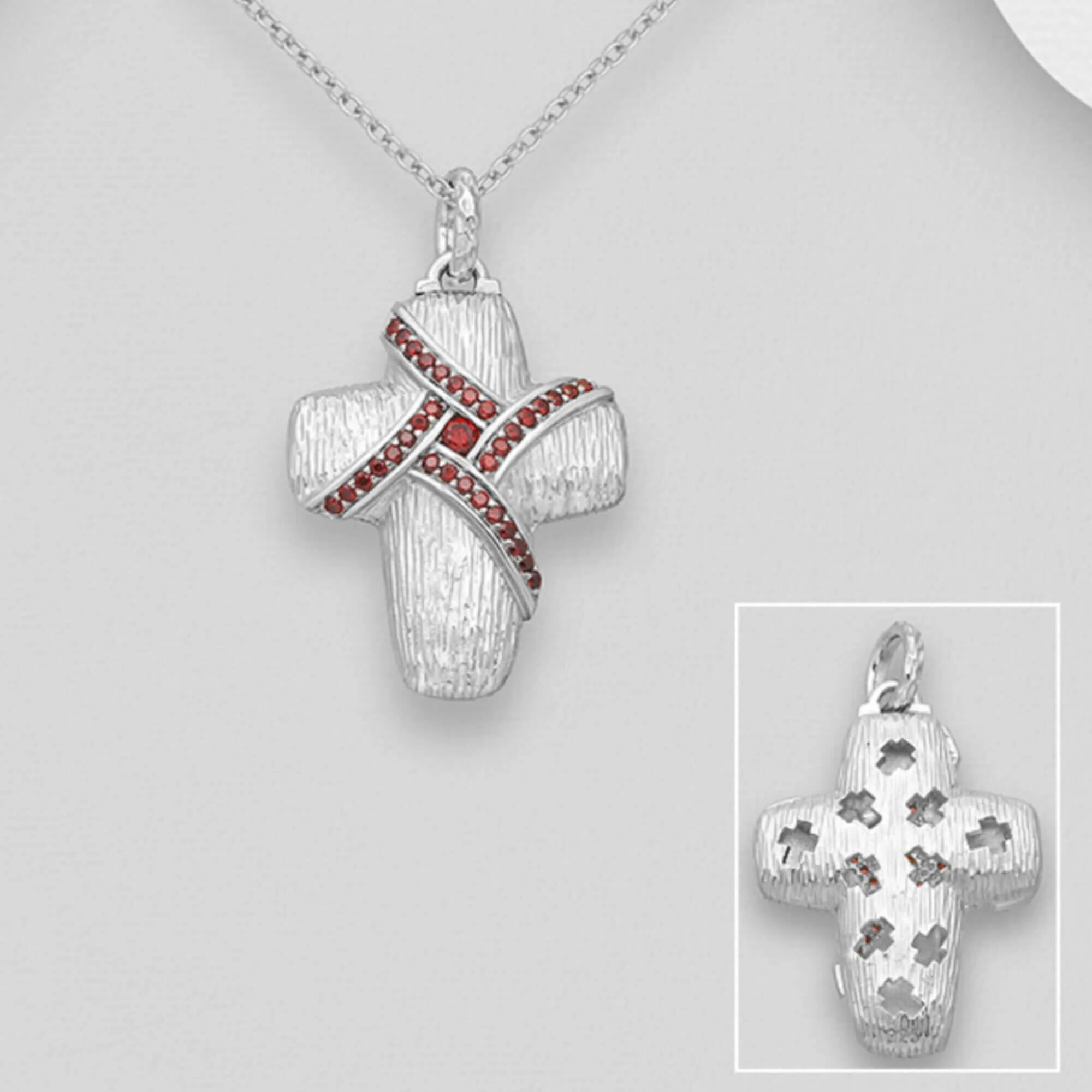Sterling Silver Cross Pendant with Red Created Diamonds