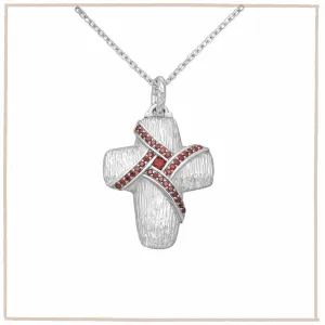 Sterling Silver Cross Pendant with Red Created Diamonds