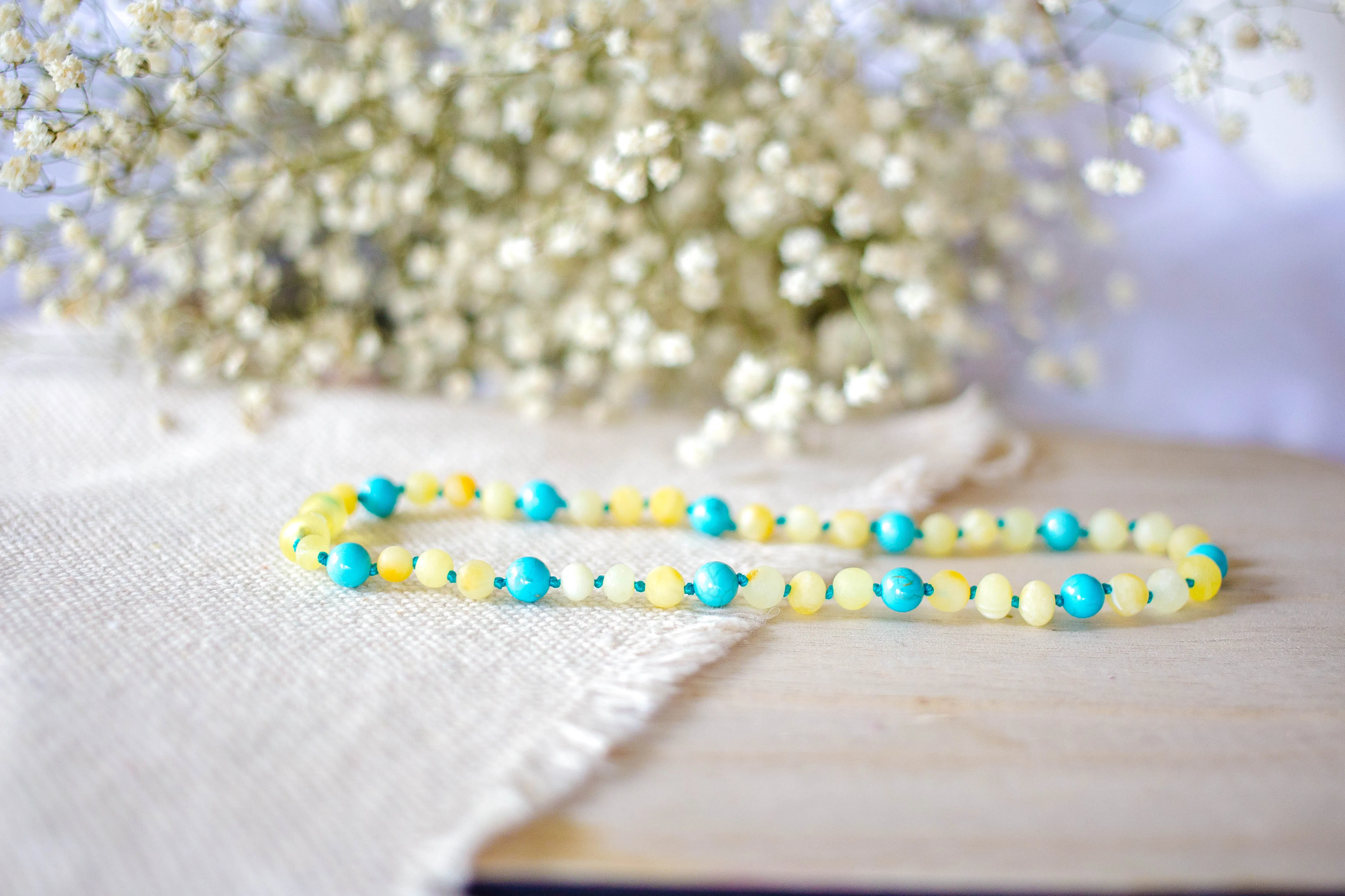 Turquoise   Raw Buttermilk Baltic Amber Teething Necklace ll General Pain ll Fatigue ll Drooling