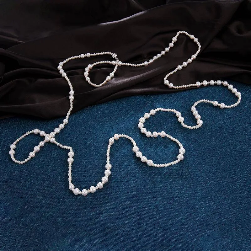 White Freshwater Pearl Super Long Necklace，4.0-8.5mm