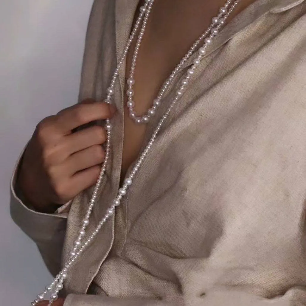 White Freshwater Pearl Super Long Necklace，4.0-8.5mm