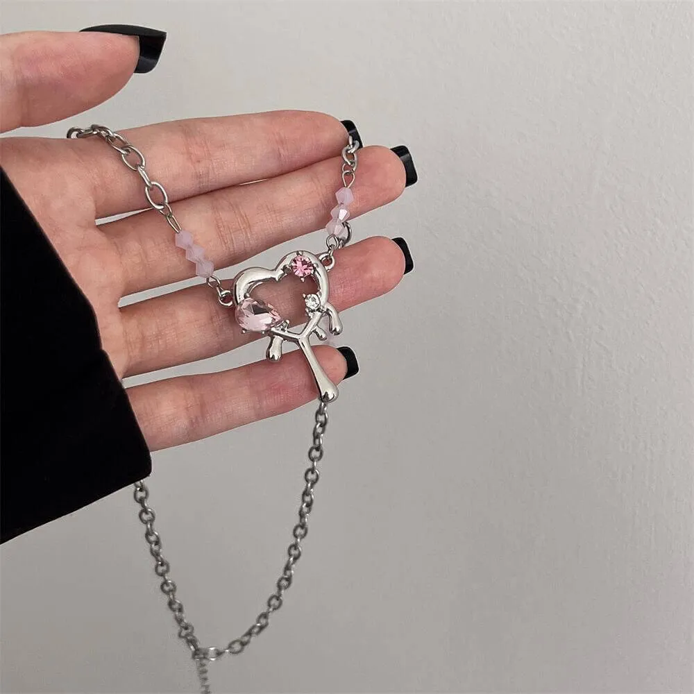 Y2K Pink Crystal Necklace Jewelry