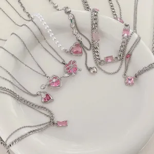 Y2K Pink Crystal Necklace Jewelry