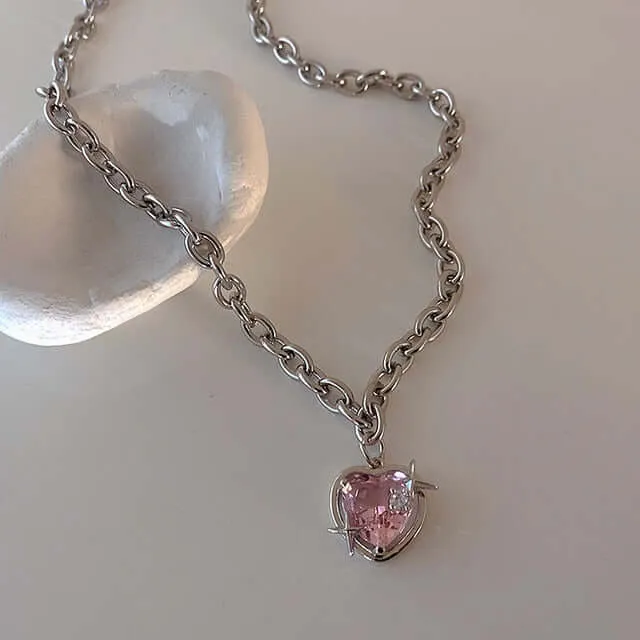 Y2K Pink Crystal Necklace Jewelry